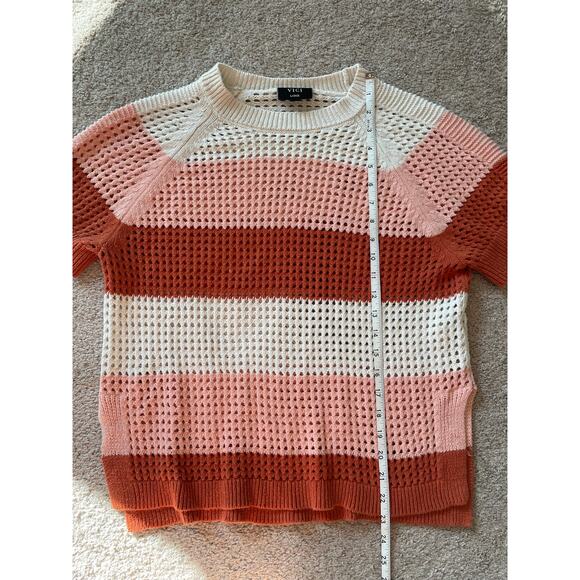 VICI Womens Large Sweater Open Knit Short Sleeve Style #WT709S Pink White Stripe - Picture 7 of 8